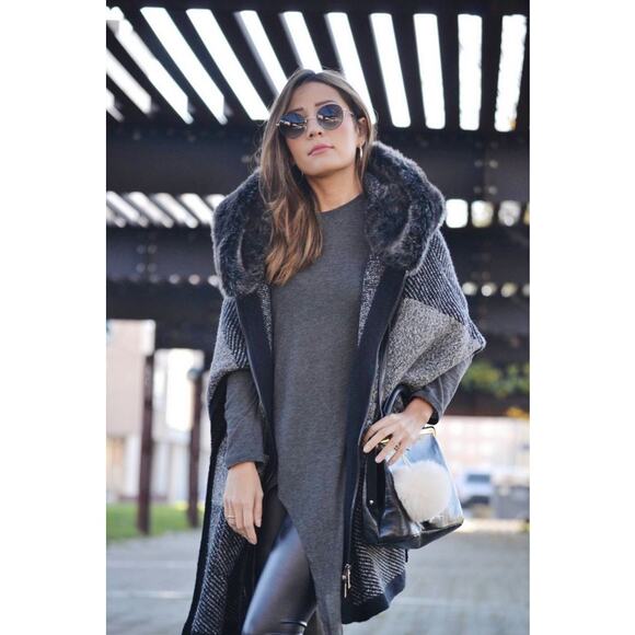 Zara Rare Tan Grey Oversized Cape Poncho Coat Fur Hood Bloggers Size Small - Picture 4 of 12